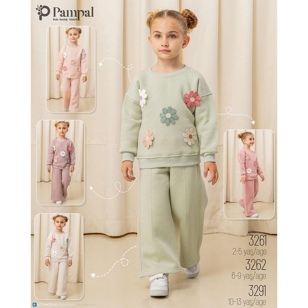 Pampal 3261 Kız Çocuk 3 İplik Çiçek Nakışlı Takım 2-5 Yaş