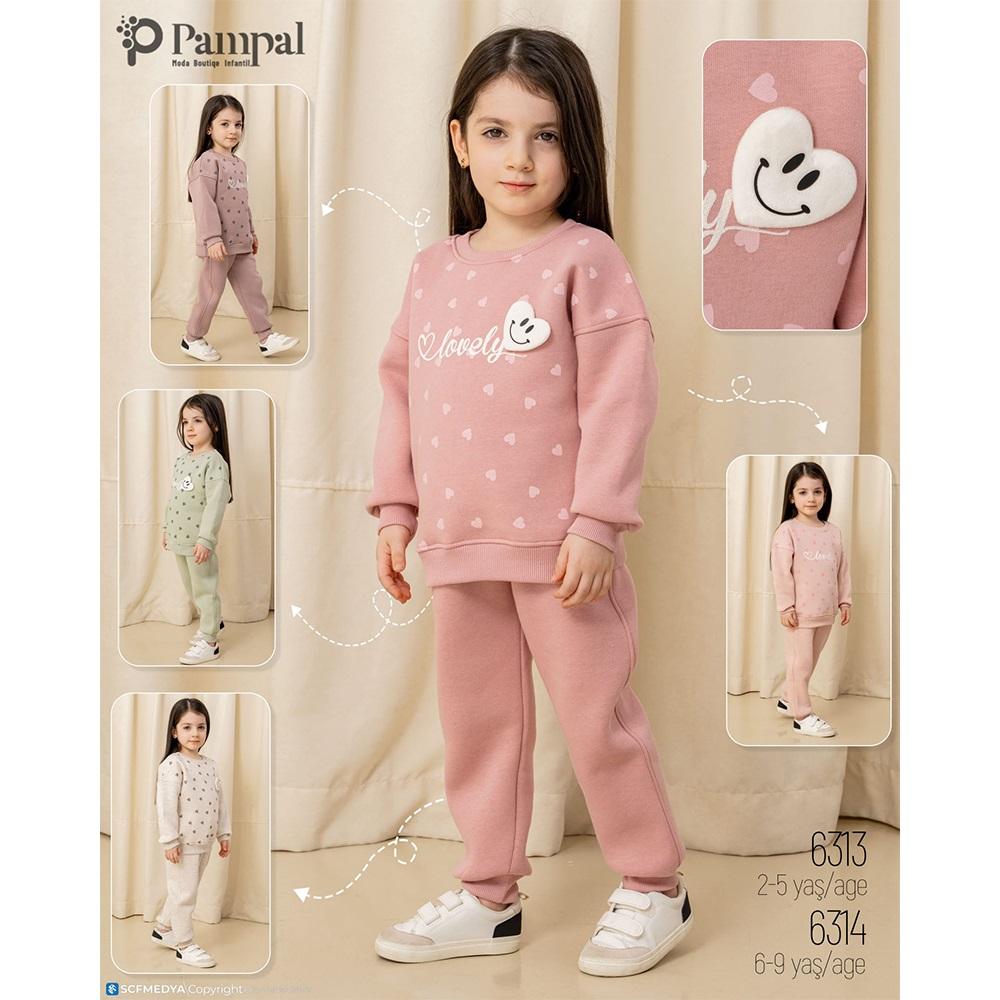 Pampal 6314 Kız Çocuk 3 İplik Kalp Baskılı Takım 6-9 Yaş
