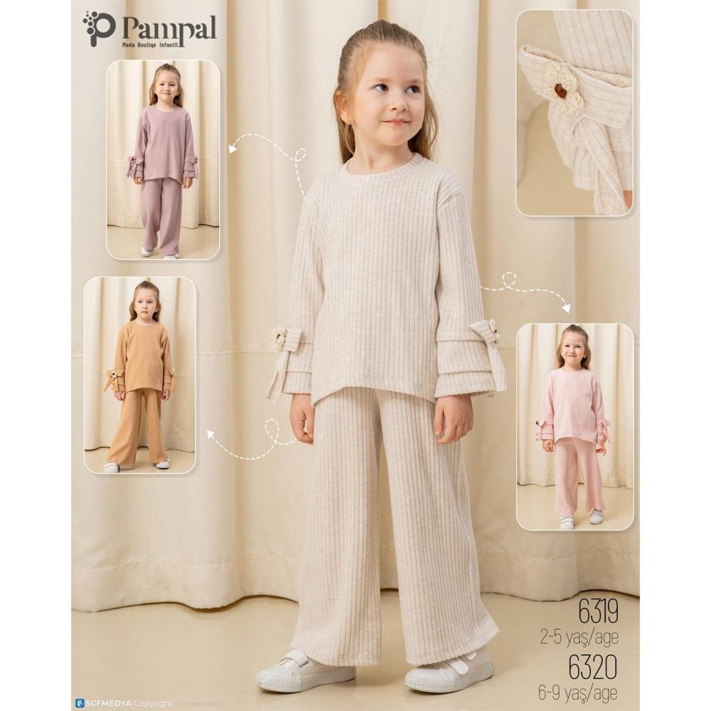 Pampal 6320 Kız Çocuk 3 İplik Baskılı Kol Kabartma Çiçek Nakışlı Fitilli Takım 6-9 Yaş
