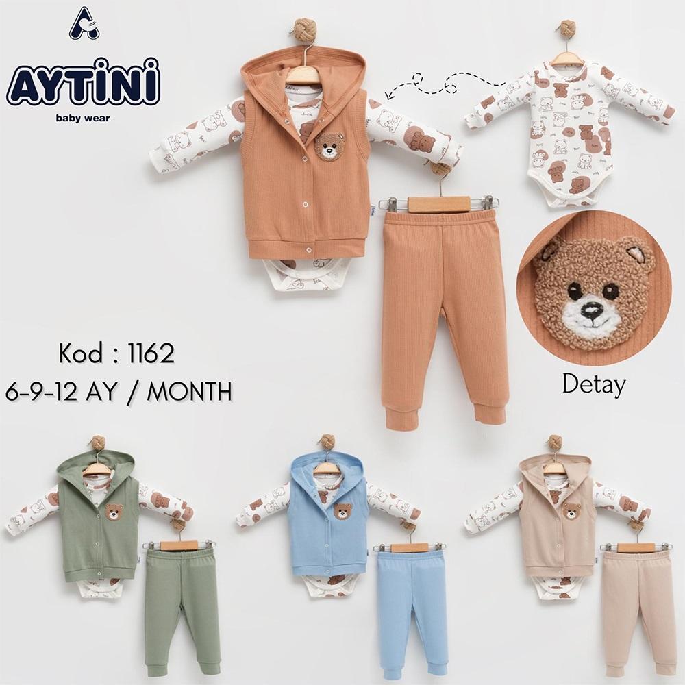 Aytini 1162 Erkek Çocuk Penye Sevimli Aycık Nakışlı Kapşonlu Yelekli 3 lü Takım 6-12 AY