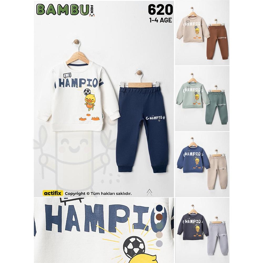 Bambu Kids 620 Erkek Çocuk 2 İplik Sevimli Civciv Baskılı Sıfır Yaka Takım 1-4 Yaş