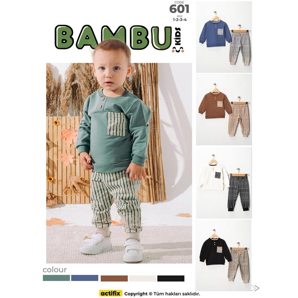 Bambu Kids 601 Erkek Çocuk 2 İplik Çizgili Cepli 2 düğmeli Yaka Takım 1-4 Yaş