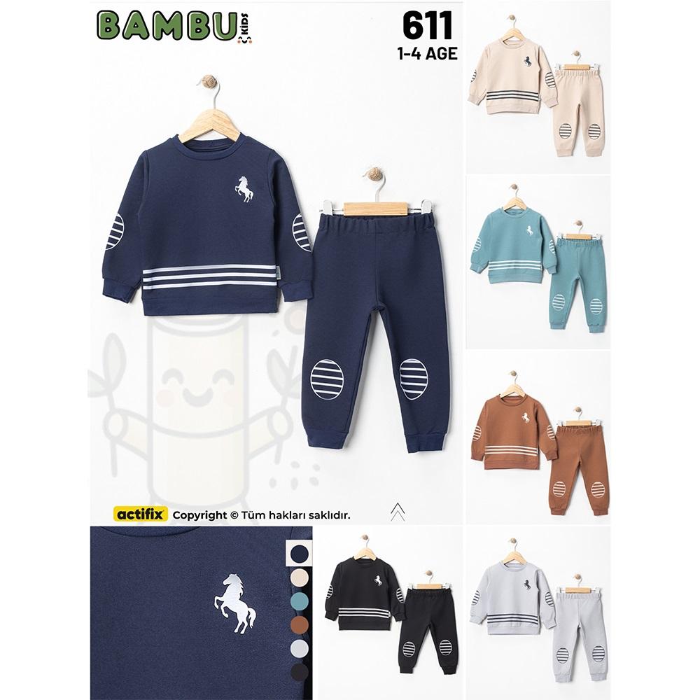 Bambu Kids 611 Erkek Çocuk 2 İplik At Baskılı Sıfır Yaka Takım 1-4 Yaş