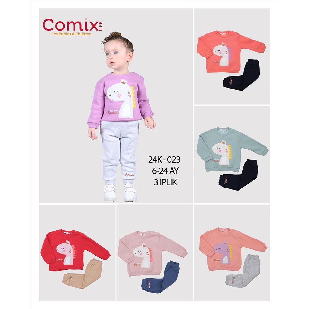 Comix 023 Kız Bebe 3 İp Dinosor Nakışlı Sıfır Yaka Takım 06-24 Ay
