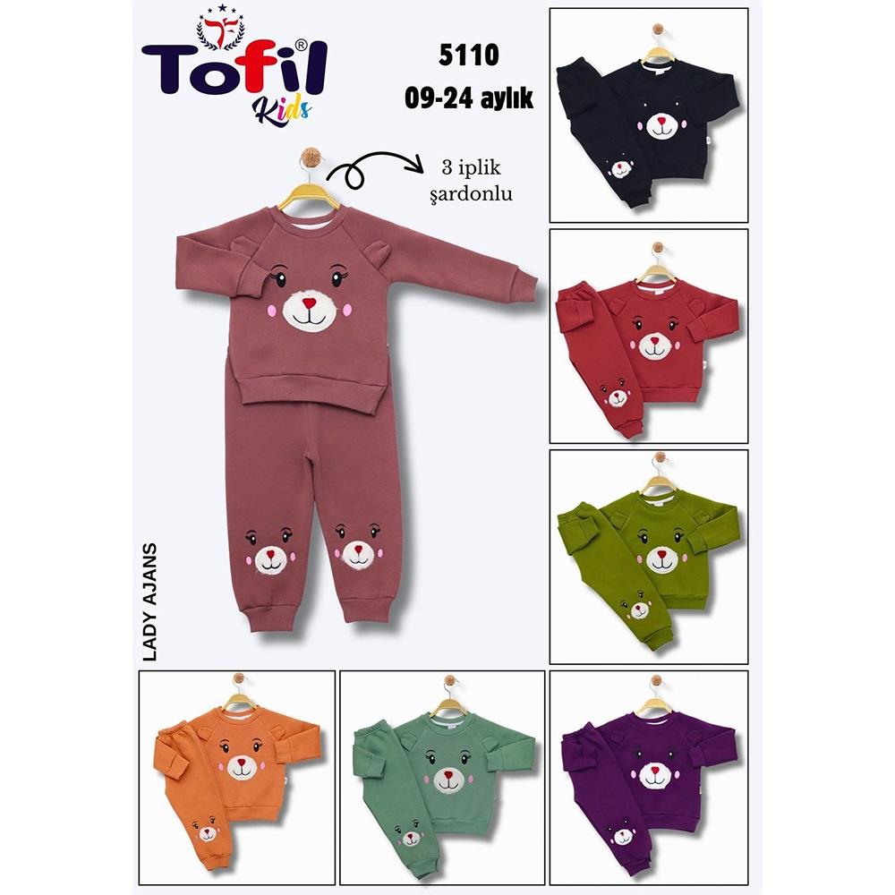 Tofil 5110 Kız Çocuk 3 İp Cepli Peluş Bear Kulaklı Nakışlı Takım 9-24 Ay