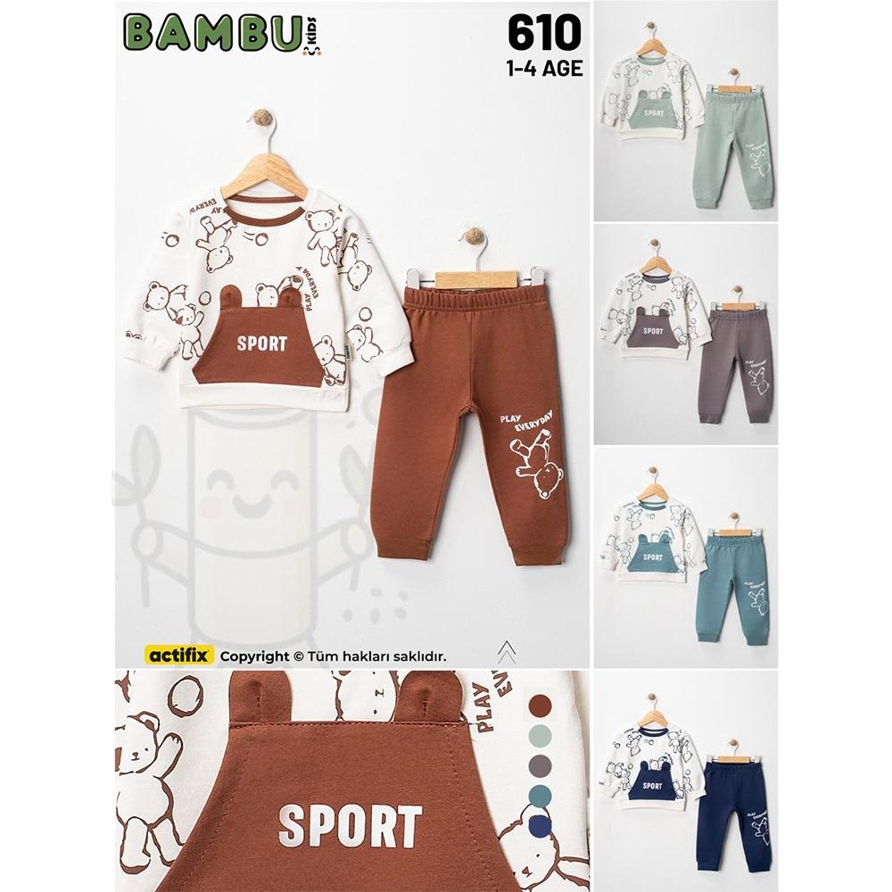 Bambu Kids 610 Erkek Çocuk 2 İplik Kngr Sevimli Ayıcık Baskılı Sıfır Yaka Takım 1-4 Yaş