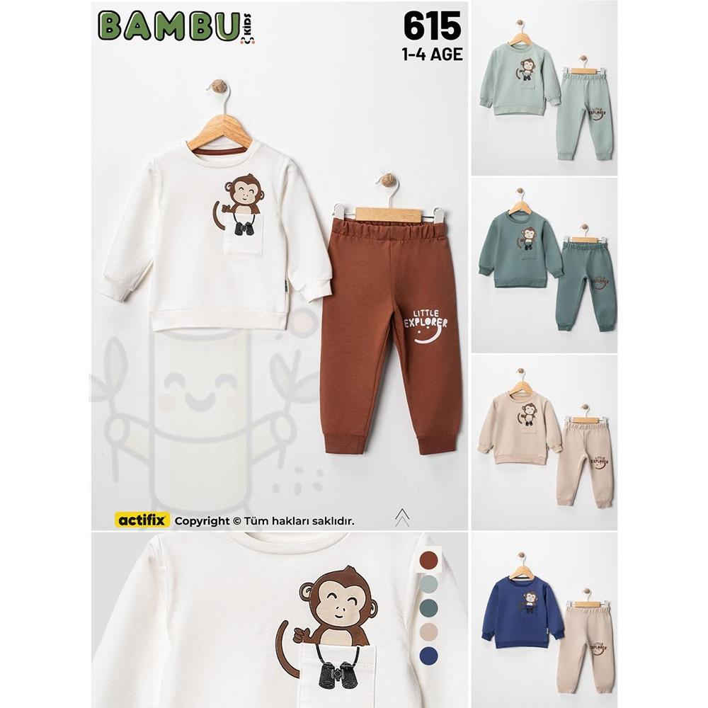 Bambu Kids 615 Erkek Çocuk 2 İplik Sevimli Maymunlu Cepli Sıfır Yaka Takım 1-4 Yaş