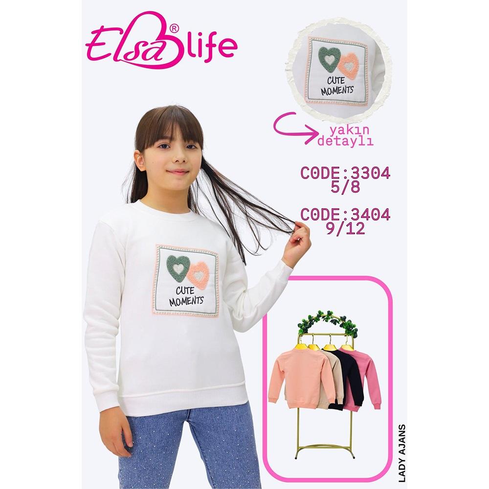 Elsa Life 3404 Kız Çocuk 3 İp Şardonlu Süzine Kalp Nakışlı Sıfır Yaka Sweat 9-12 Yaş