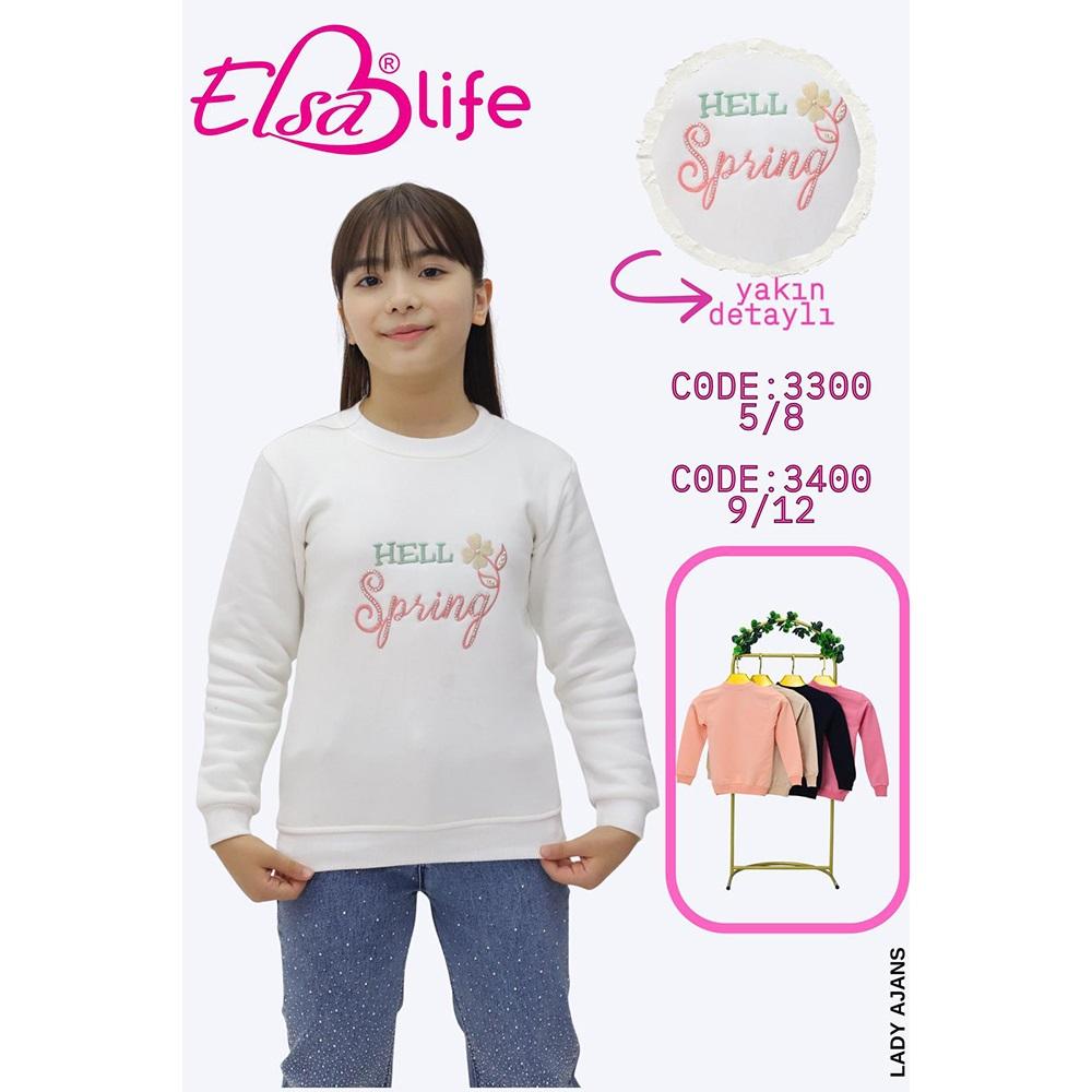 Elsa Life 3300 Kız Çocuk 3 İp Şardonlu Hell Spring Nakışlı Sıfır Yaka Sweat 5-8 Yaş