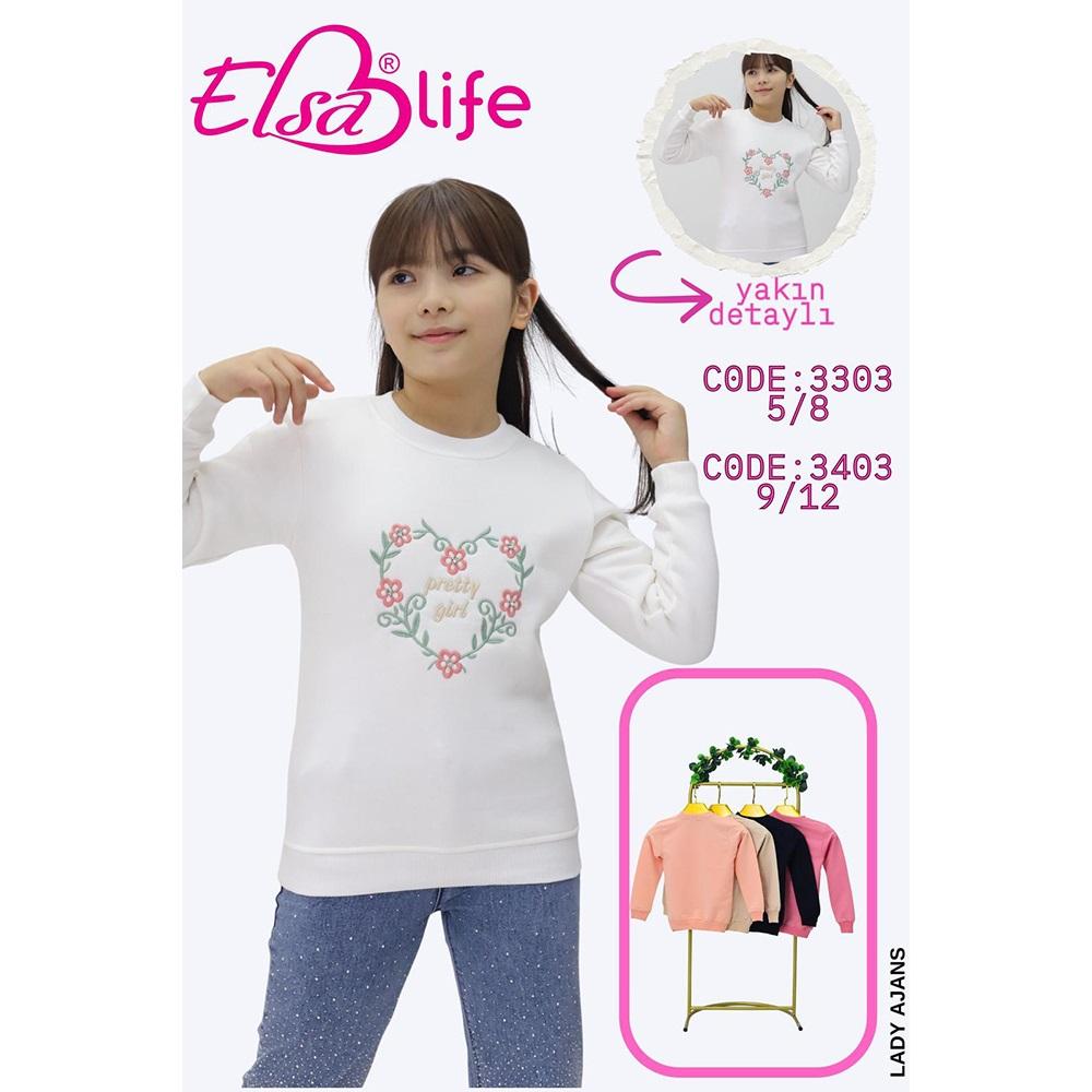 Elsa Life 3403 Kız Çocuk 3 İp Şardonlu Pretty Girl Nakışlı Sıfır Yaka Sweat 9-12 Yaş