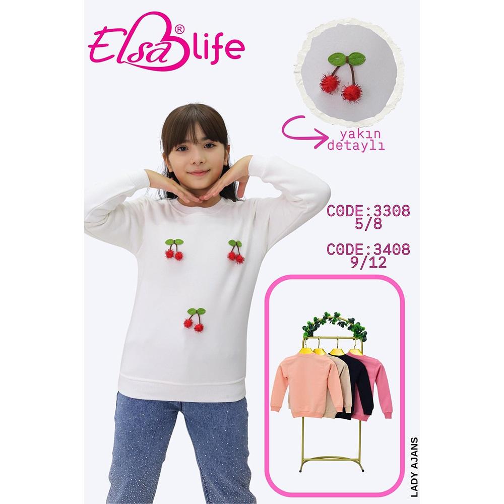 Elsa Life 3408 Kız Çocuk 3 İp Şardonlu Kirazlı Sıfır Yaka Sweat 9-12 Yaş