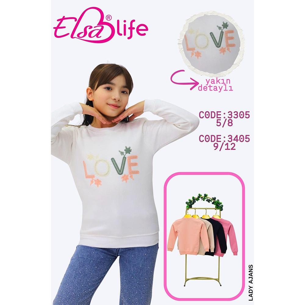 Elsa Life 3305 Kız Çocuk 3 İp Şardonlu Love Nakışlı Sıfır Yaka Sweat 5-8 Yaş