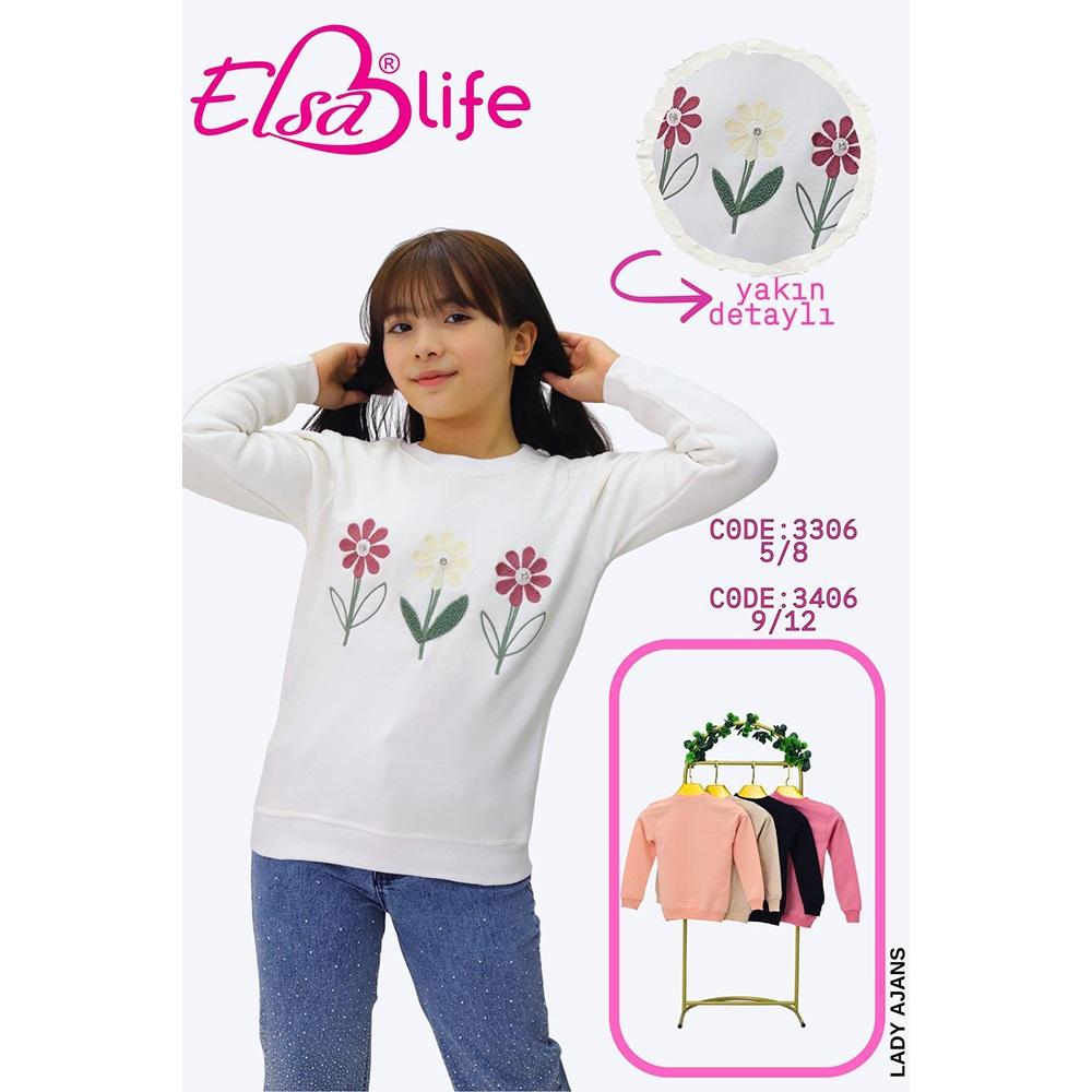 Elsa Life 3406 Kız Çocuk 3 İp Şardonlu 3 Çiçek Nakışlı Sıfır Yaka Sweat 9-12 Yaş