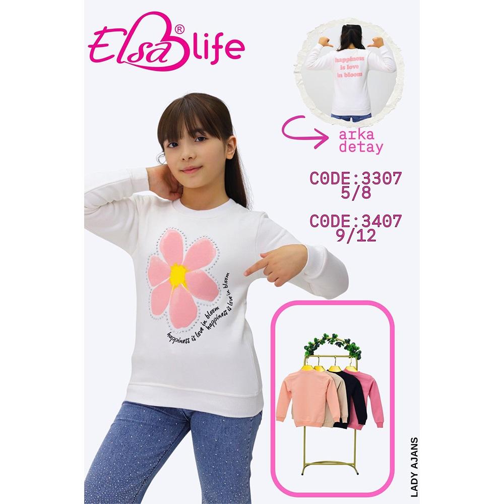 Elsa Life 3307 Kız Çocuk 3 İp Şardonlu Taş Çiçek Baskılı Sıfır Yaka Sweat 5-8 Yaş