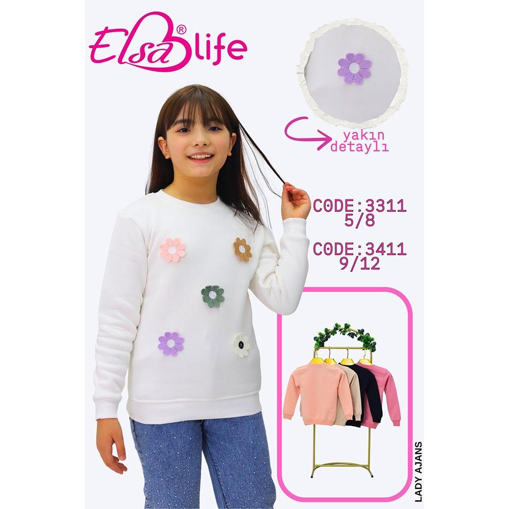 Elsa Life 3311 Kız Çocuk 3 İp Şardonlu Triko Çiçek Nakışlı Sıfır Yaka Sweat 5-8 Yaş