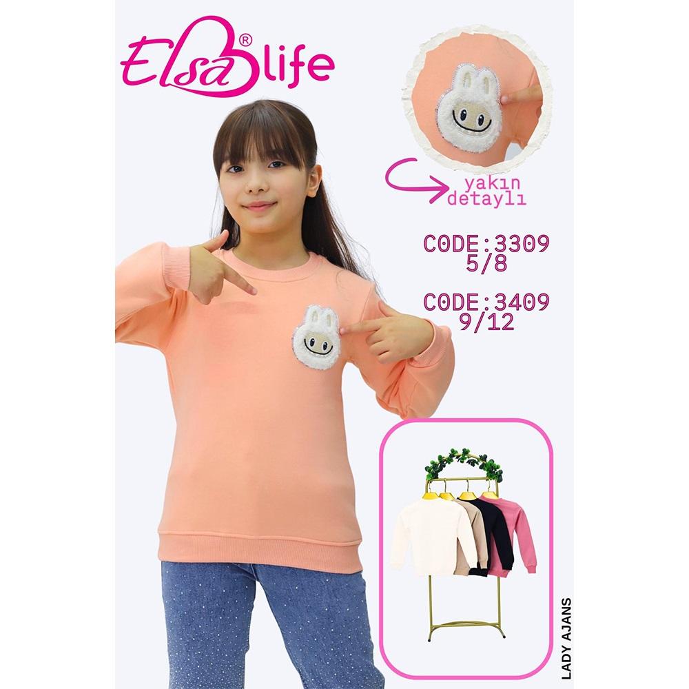Elsa Life 3410 Kız Çocuk 3 İp Şardonlu Labubu Nakışlı Sıfır Yaka Sweat 9-12 Yaş