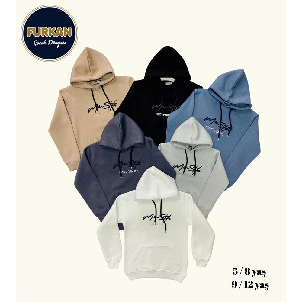 Furkan 8019 Erkek Çocuk 3 İplik Fınest Qualıty Nakışlı Kapşonlu Sweat 9-12 Yaş