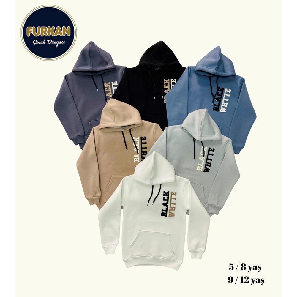 Furkan 8002 Erkek Çocuk 3 İplik Black White Nakışlı Kapşonlu Sweat 5-8 Yaş