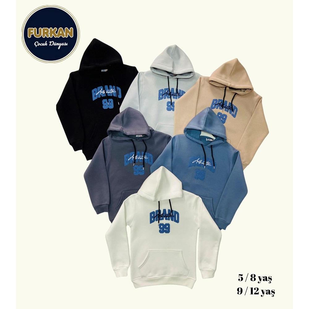 Furkan 8019 Erkek Çocuk 3 İplik Brand 99 Nakışlı Kapşonlu Sweat 9-12 Yaş