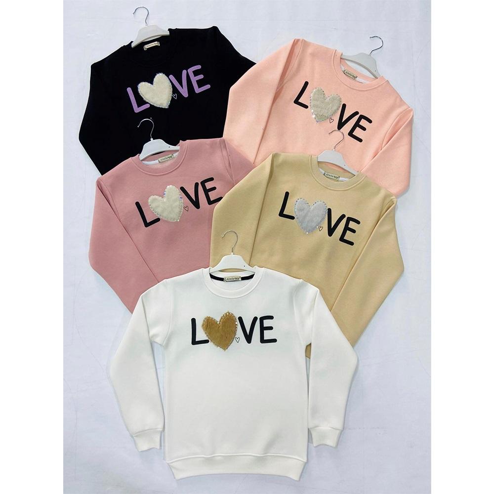 Almila 8088 Kız Çocuk 3 İplik Love Peluş Kalp Nakışlı Sıfır Yaka Sweat 9-12 Yaş