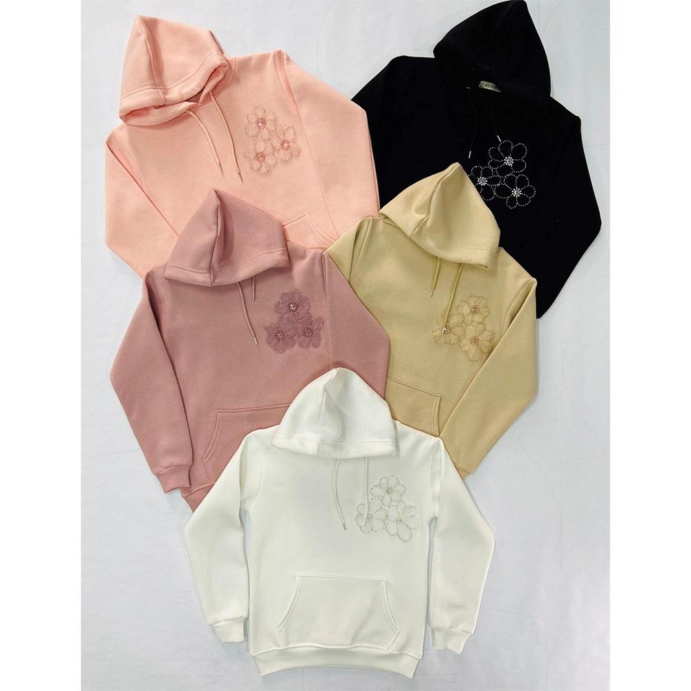 Almila 8019 Kız Çocuk 3 İplik Tül İncili Çiçek Nakışlı Kapşonlu Sweat 9-12 Yaş