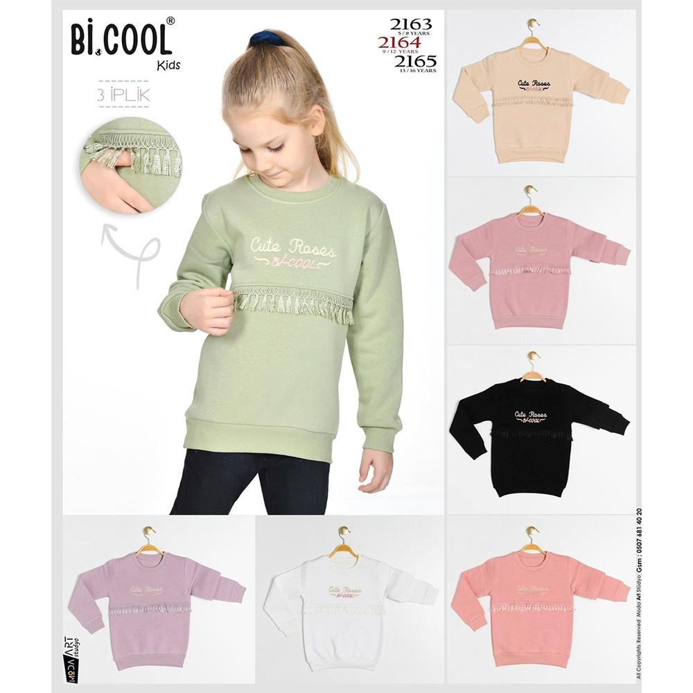 Bi Cool 2163 Kız Çocuk 3 İplik Cut Rases Nakışlı Sıfır Yaka Sweat 5-8 Yaş