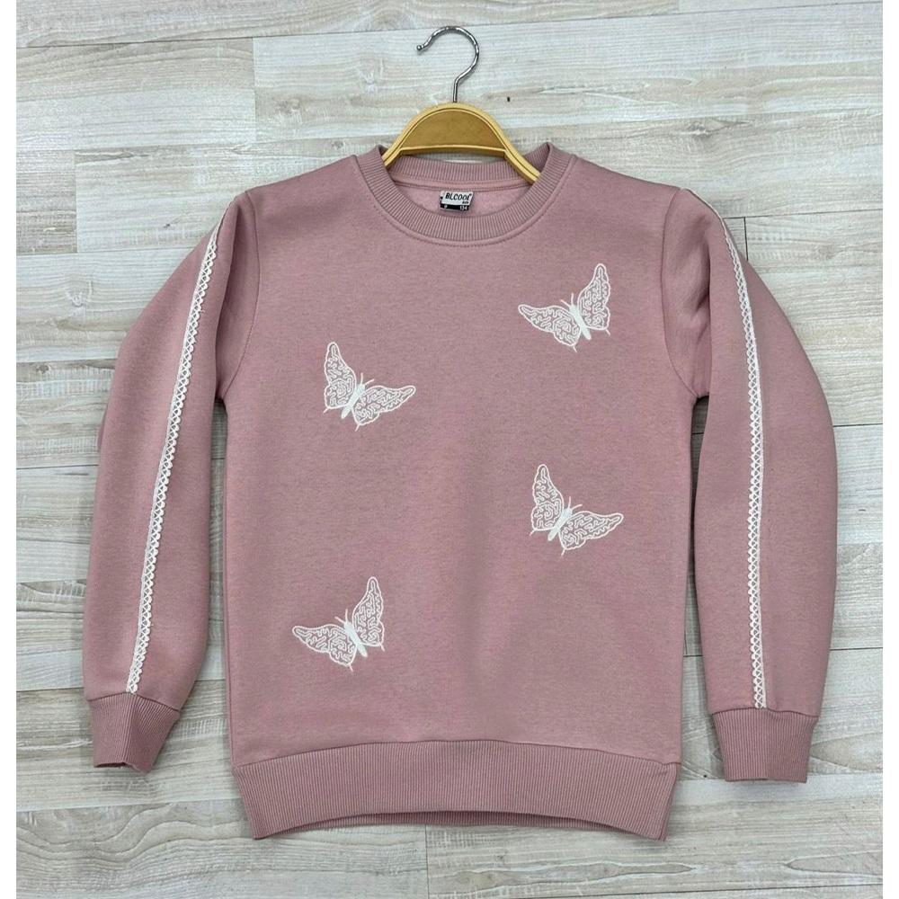 Bi Cool 2170 Kız Çocuk 3 İplik Kelebek Nakışlı Sıfır Yaka Sweat 9-12 Yaş