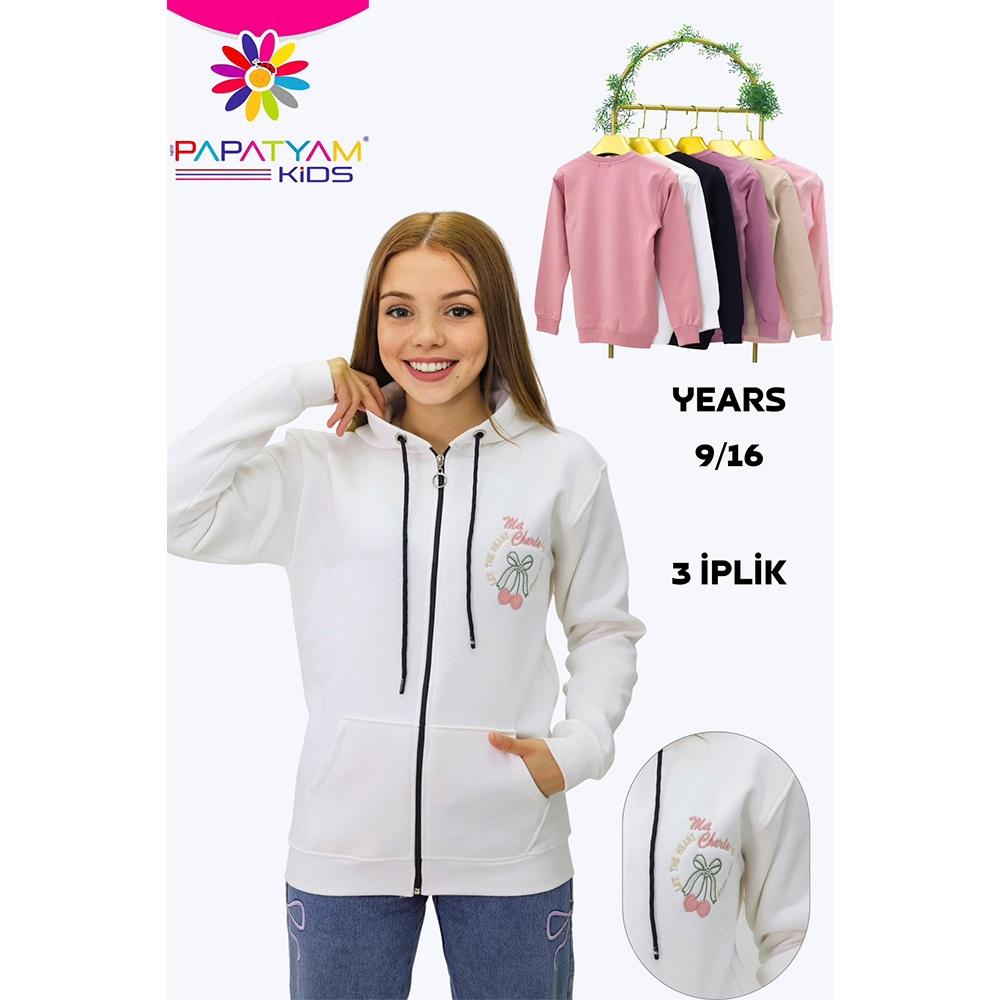 Papatyam Kids 11907 Kız Çocuk 3 İp Fermuarlı Vişne Süzene Taşlı Nakışlı Kapşonlu Ceket 13-16 Yaş