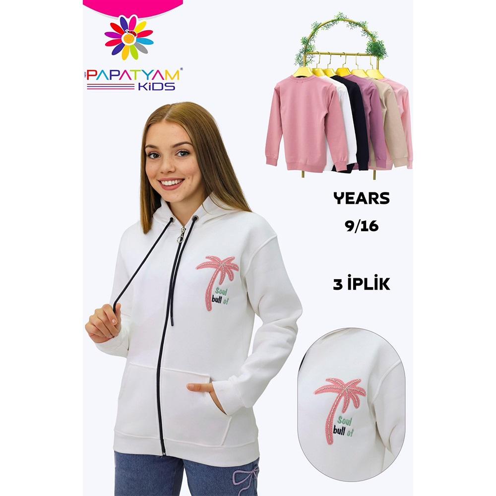 Papatyam Kids 11900 Kız Çocuk 3 İp Fermuarlı Palmiye Süzene Taşlı Nakışlı Kapşonlu Ceket 13-16 Yaş
