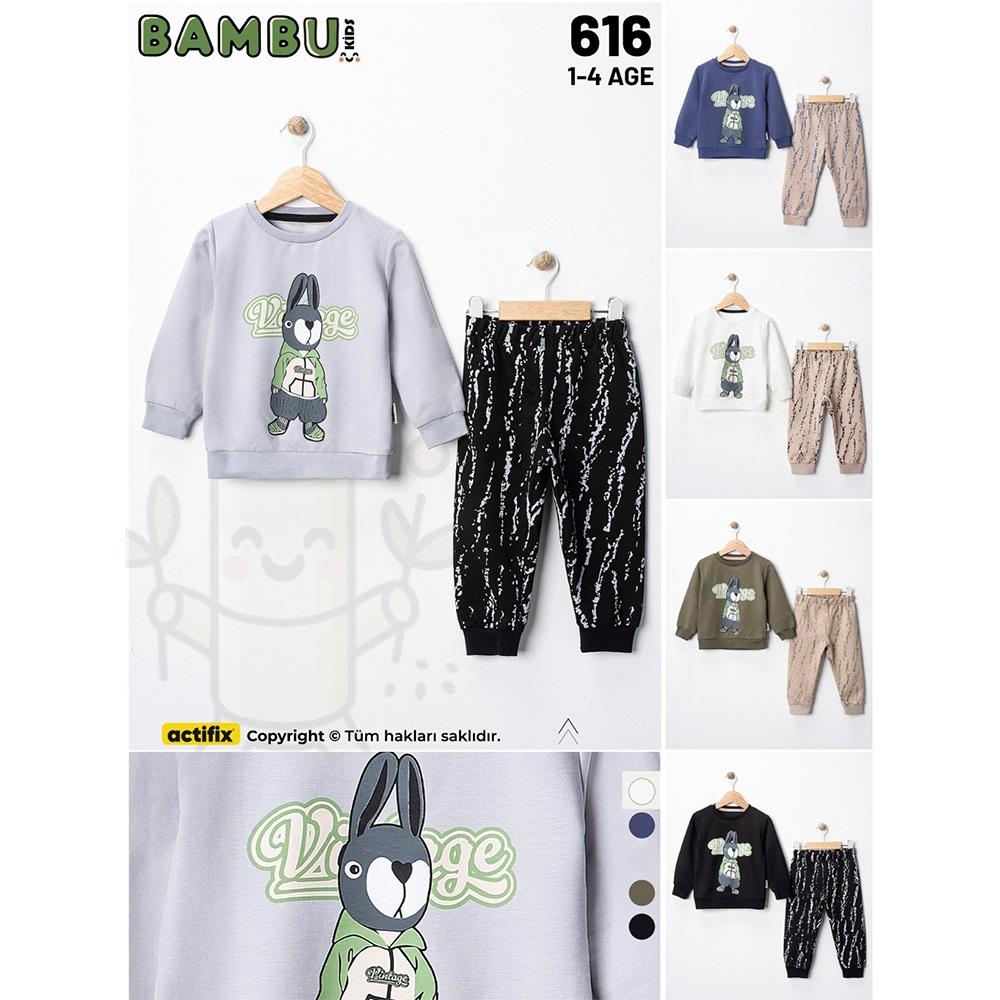 Bambu Kids 616 Erkek Çocuk 2 İplik Sevimli Tavşan Baskılı Sıfır Yaka Takım 1-4 Yaş