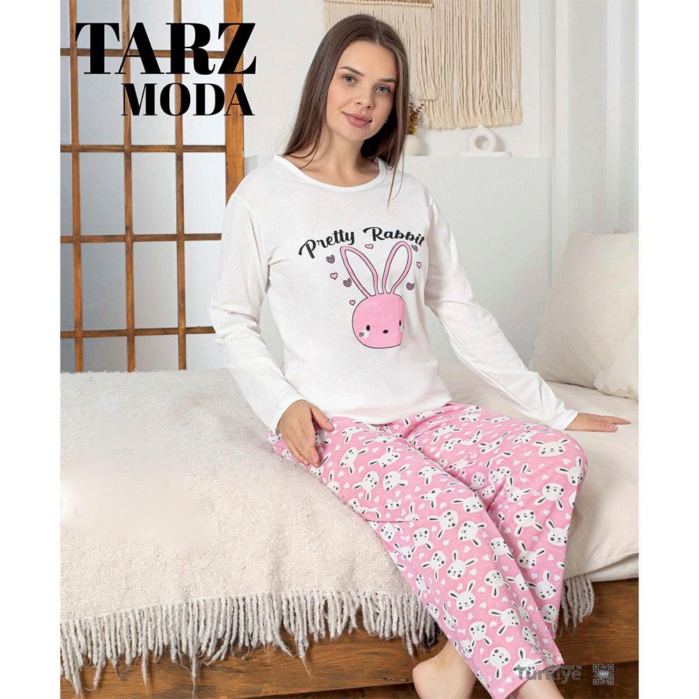 Tarz Moda 1447 Bayan Penye Likralı Baskılı Pijama Takımı M-2XL (4 Lü)