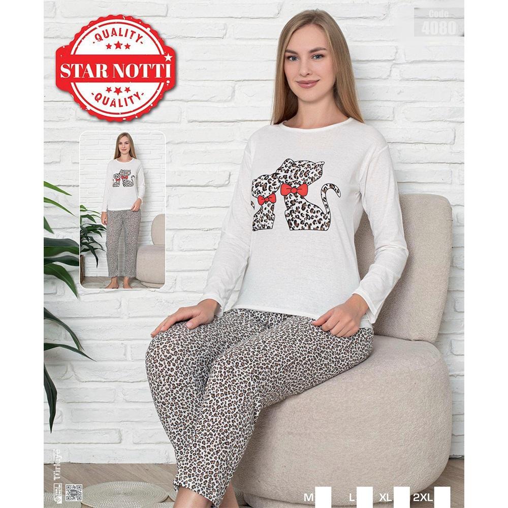 Tarz Moda 1456 Bayan Penye Likralı Baskılı Pijama Takımı M-2XL (4 Lü)