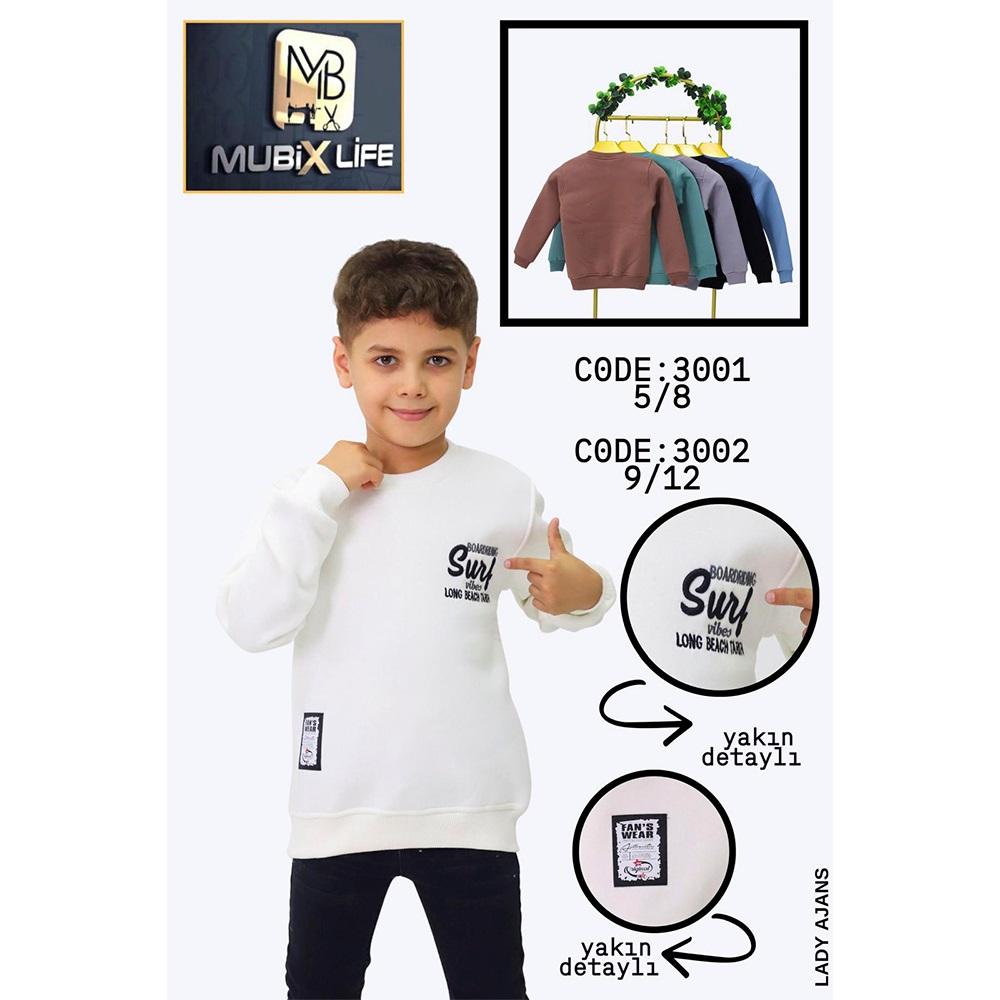 Mubix 3011 Erkek Çocuk 3 İp Şardonlu Surf Nakışlı Sıfır Yaka Sweat 9-12 Yaş