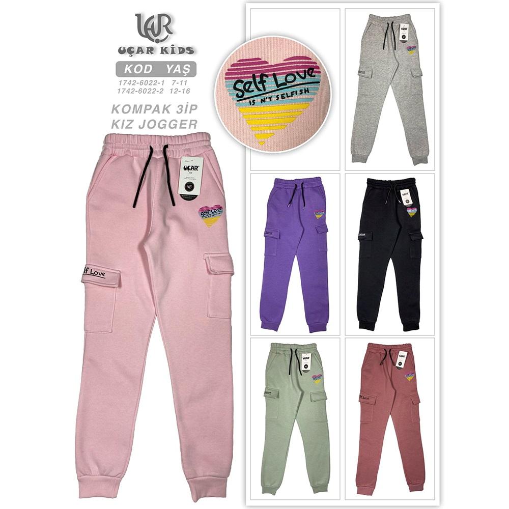 Uçar 6022-2 Kız Çocuk 3 İp Yan Cep Çift Komnd Selfie Baskılı Paca Ribana Eşofman Alt 12-16 Yaş