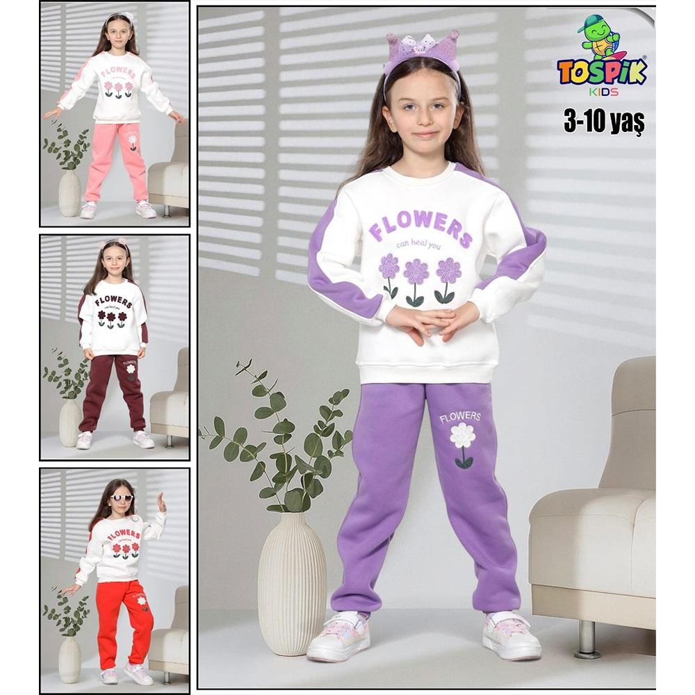 Tospik 40017 Kız Çocuk 3 ip Flowers Nakışlı Sıfır Yaka Takım 3-10 Yaş