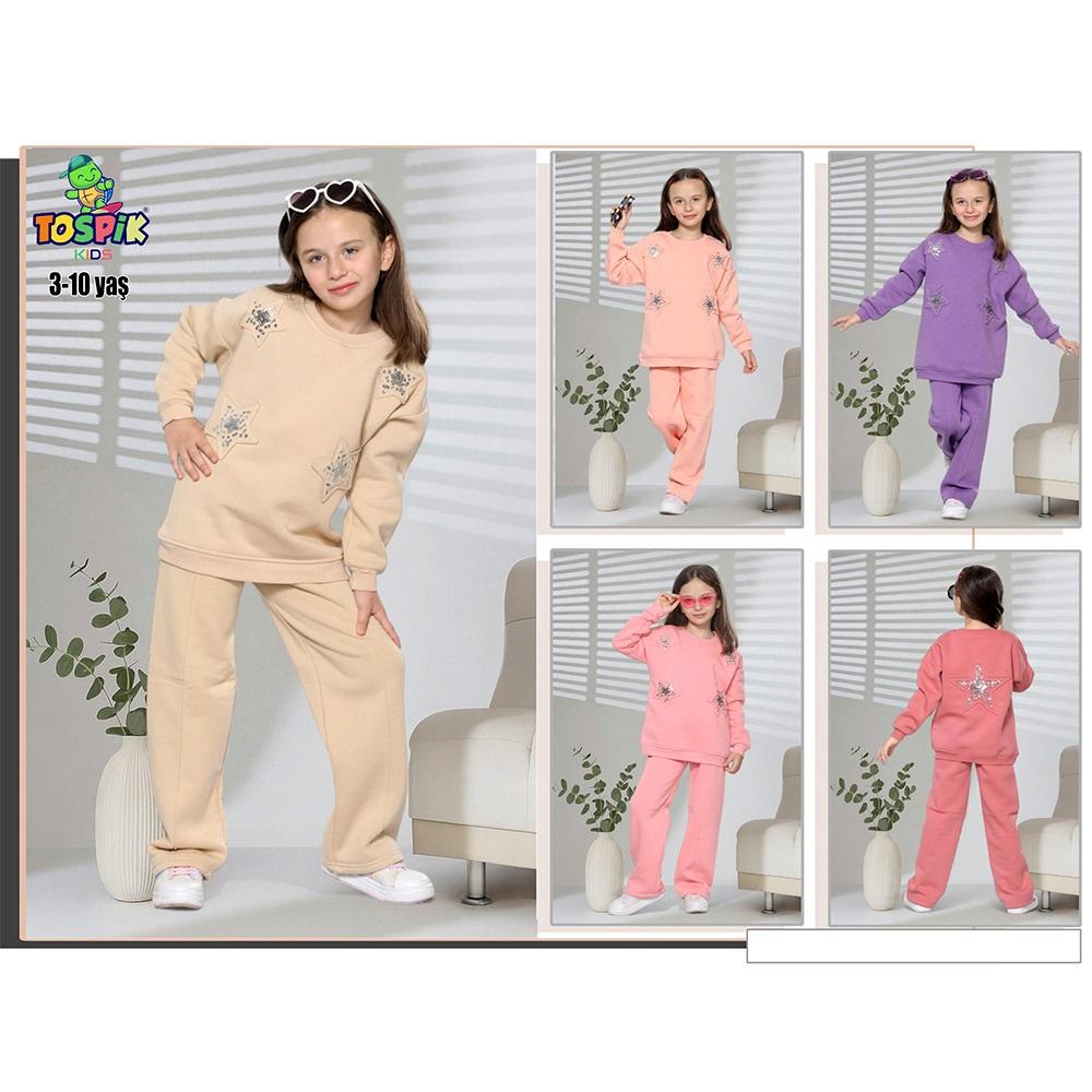 Tospik 40013 Kız Çocuk 3 ip Pullu Yıldız Aplike Nakışlı Sıfır Yaka Takım 3-10 Yaş