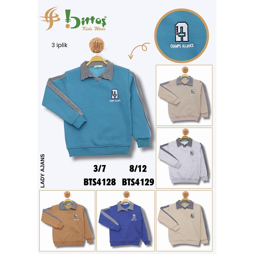BTS04129 Erkek Çocuk 3 İp Kolu Parçalı A Nakışlı Yakalı Sweat 8-11 Yaş