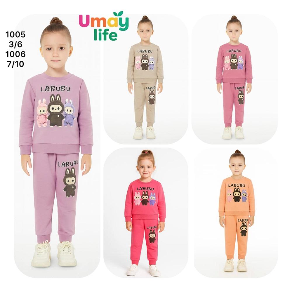 Umay 1005 Kız Çocuk 2 İp 3 Labubu Baskılı Sıfır Yaka Takım 3-6 Yaş