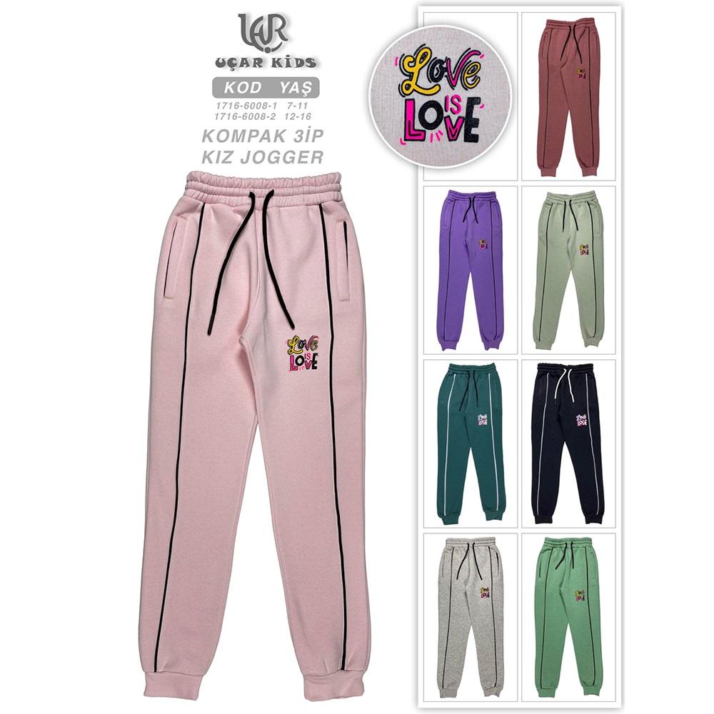 Uçar 6008-1 Kız Çocuk 3 İp Love Baskılı Ön Biye Flato Ribana Paça Eşofman Alt 7-11 Yaş