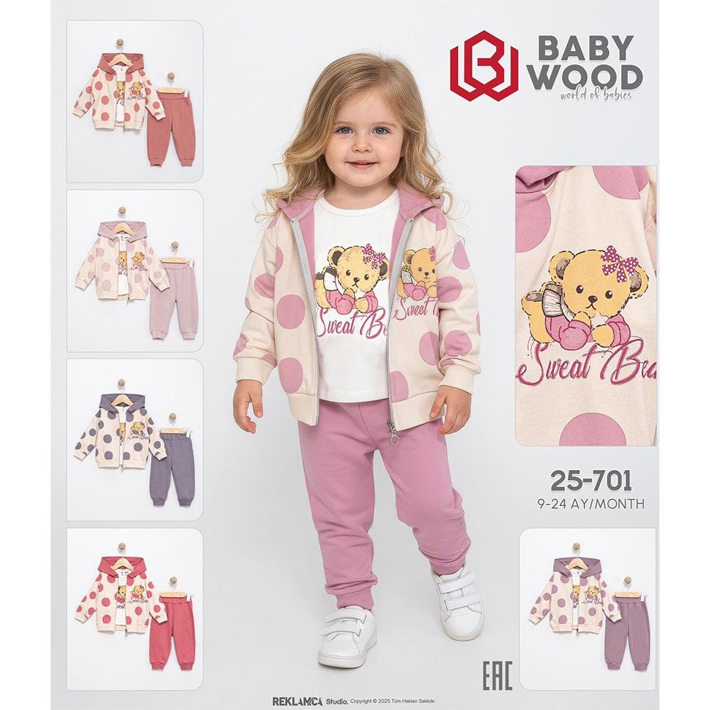 Babywood 701 Kız Bebe 2 İplik Sevimli Ayıcık Baskılı Kapşonlu Ceketli Takım 9-24 Ay