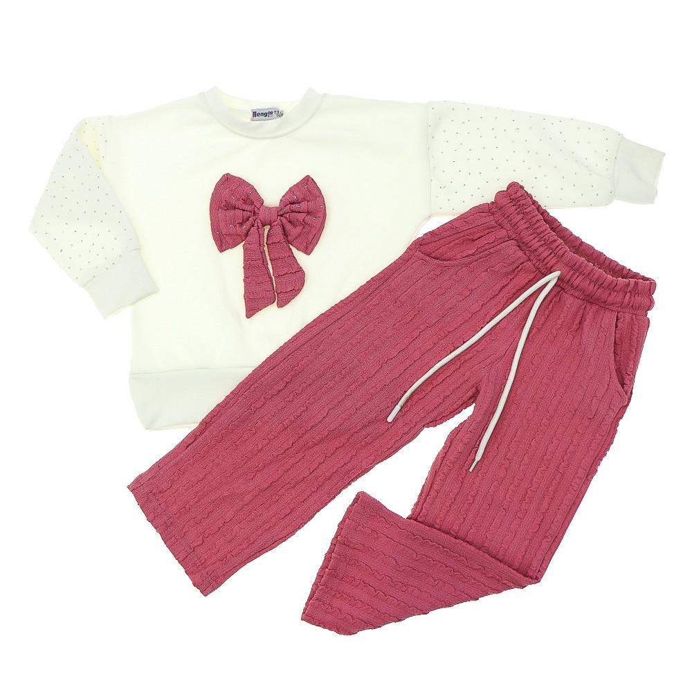 Rengoo 5121 Kız Çocuk 2 iplik Oysho Dubble Fiyonk Detaylı Sıfır Yaka Takım 4-11 Yaş