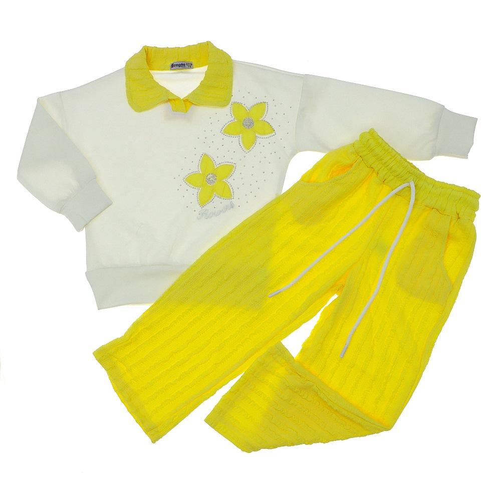 Rengoo 5105 Kız Çocuk 2 iplik Oysho Çiçek Nakışlı Bubble Yaka Takım 4-11 Yaş