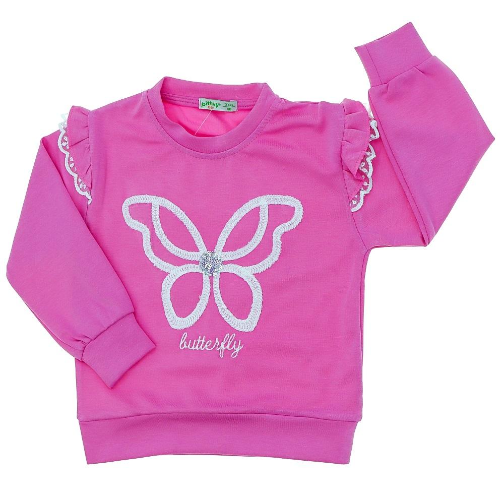 Bittoş Bts4152 Kız Çocuk 2 İp Oysho Omuz Fırfırlı Zincir Kelebek Nakışlı Sweat 3-7 Yaş