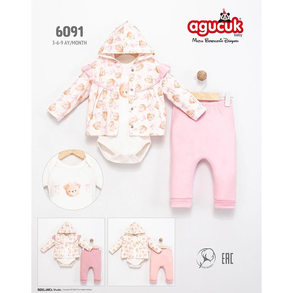 Agucuk Baby 6091 Kız Bebe Sevimli Ayı Baskılı Kapşonlu 3 Lü Takım 3-9 Ay - 40944-Karışık Renk -3-9 AY