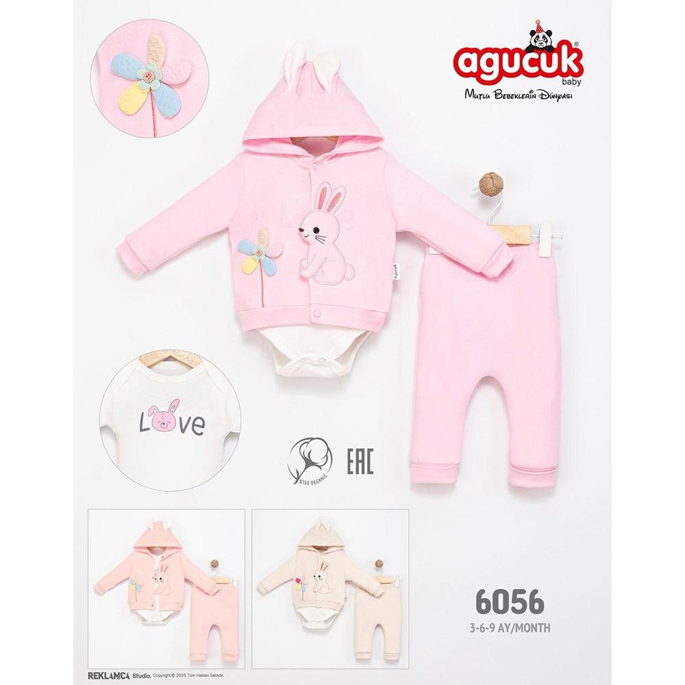 Agucuk Baby 6056 Kız Bebe Sevimli Tavşan Nakışlı Kapşonlu 3 Lü Takım 3-9 Ay - 40946-Karışık Renk -3-9 AY
