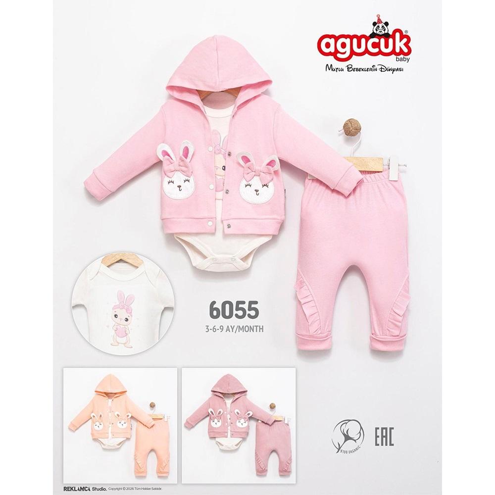 Agucuk Baby 6055 Kız Bebe Sevimli Kedi Nakışlı Kapşonlu 3 Lü Takım 3-9 Ay - 40948-Karışık Renk -3-9 AY