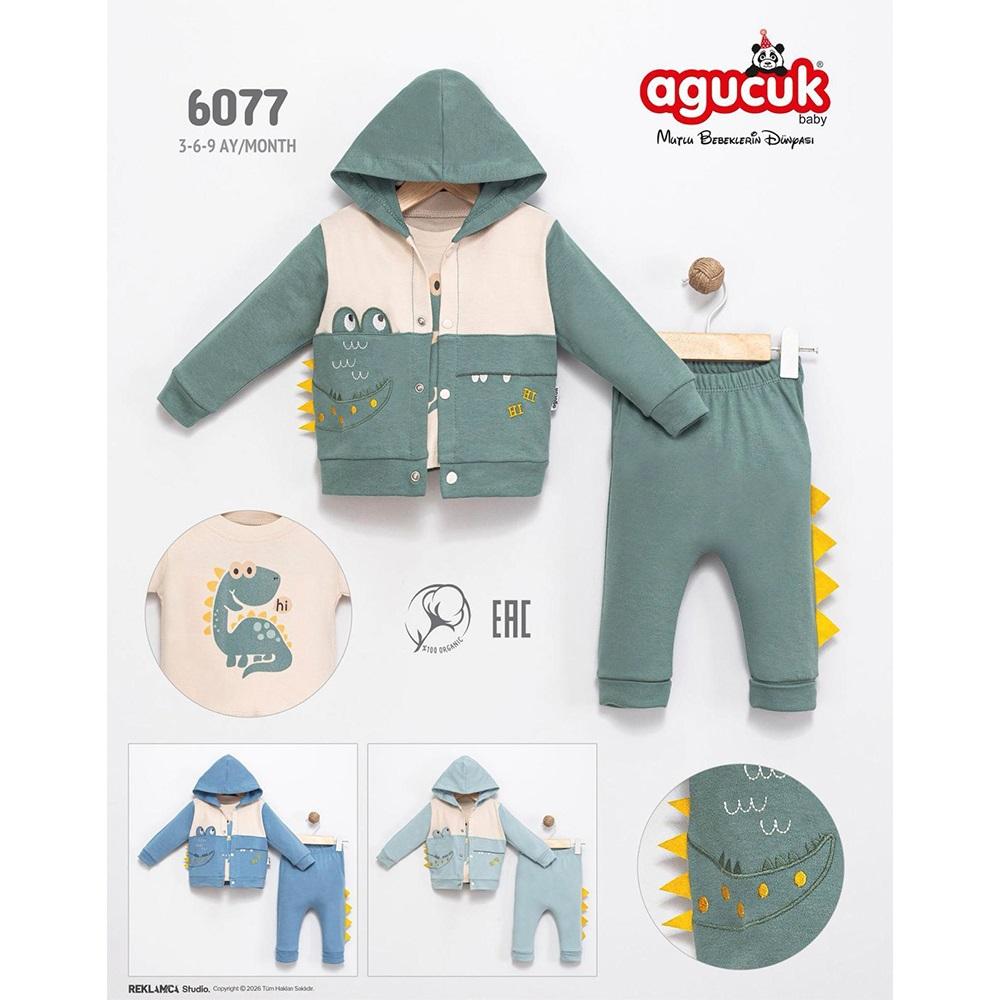 Agucuk Baby 6077 Erkek Bebe Sevimli Dinozor Baskılı Kapşonlu 3 Lü Takım 3-9 Ay