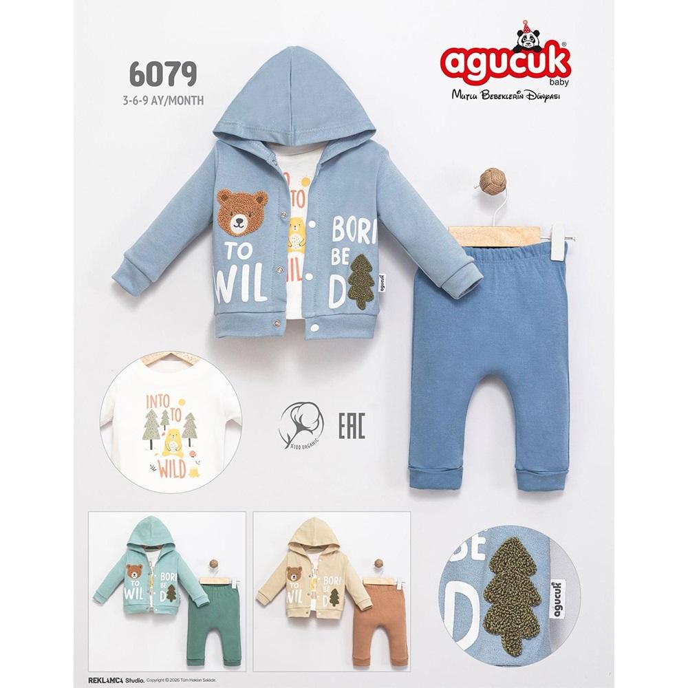 Agucuk Baby 6079 Erkek Bebe Sevimli Ayı Nakışlı Kapşonlu 3 Lü Takım 3-9 Ay - 40950-Karışık Renk -3-9 AY