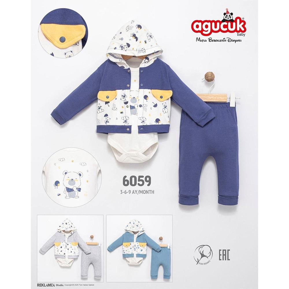 Agucuk Baby 6059 Erkek Bebe Sevimli Ayı Baskılı Kapşonlu 3 Lü Takım 3-9 Ay - 40951-Karışık Renk -3-9 AY