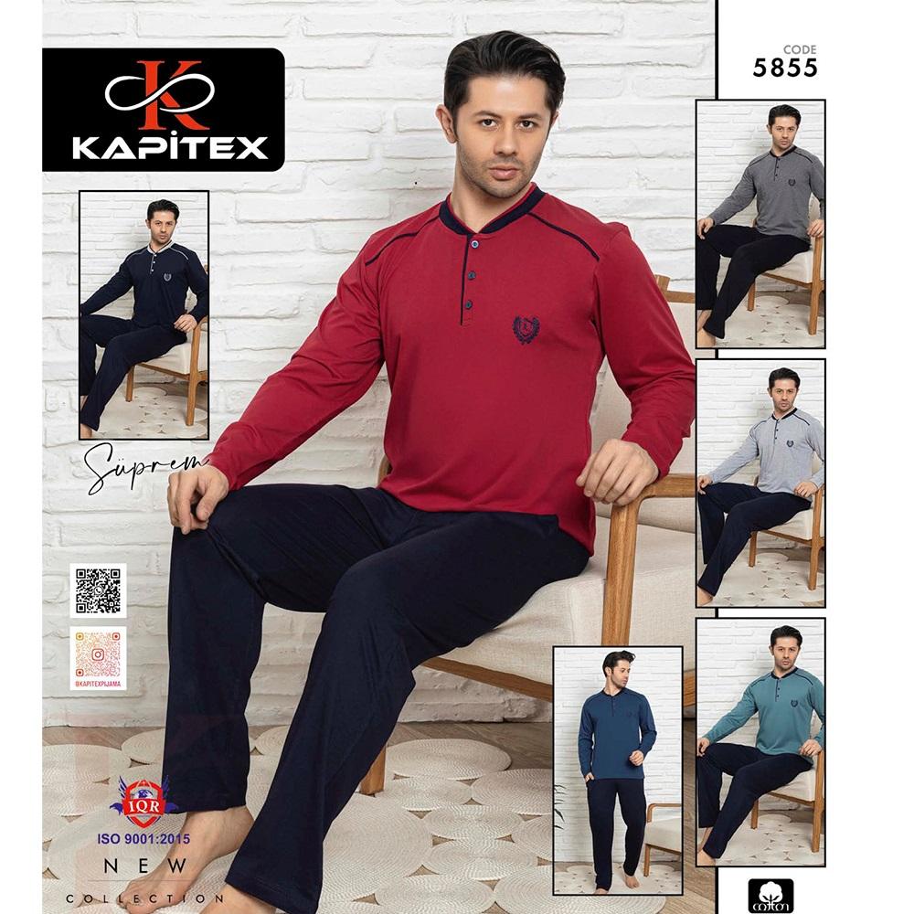 Kapitex 5855 Erkek Cotton 3 Düğmeli Armali Uzun Kollu İnce Pijama Takımı M-2XL